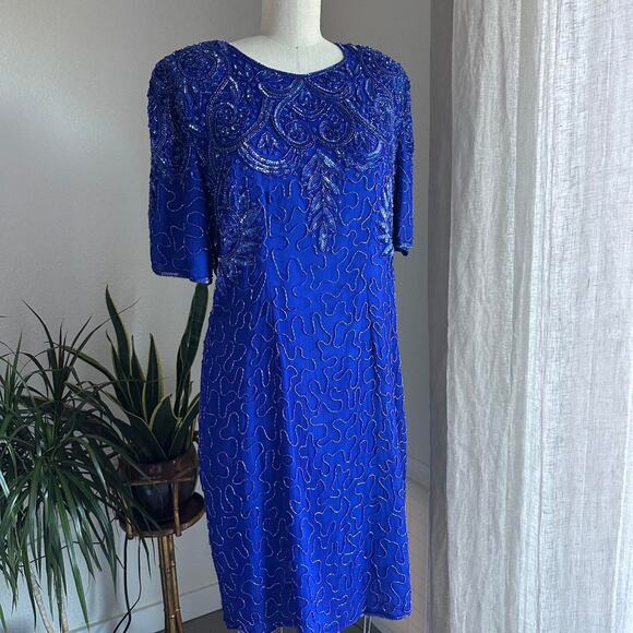 Silky Nites New York Women’s 1X Dress Royal Blue Silk Beaded Sequin Glam 80s - Picture 3 of 4